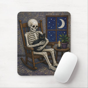 Tapis De Souris Squelette et chat noir de Halloween en mosaïque