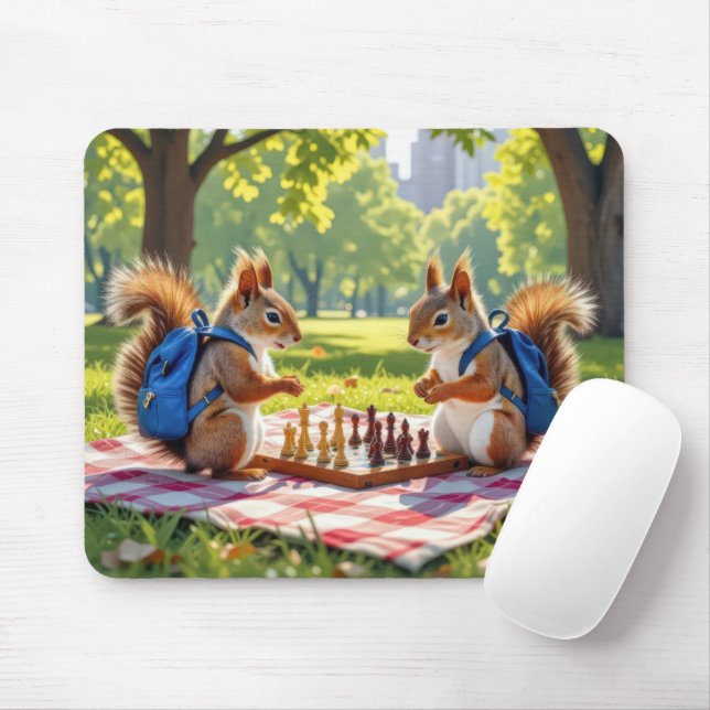 Tapis De Souris Squirrels Playing Chess In a City Park (Avec souris)