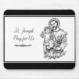 Tapis De Souris St Joseph Priez pour nous Noir, Blanc, Catholique