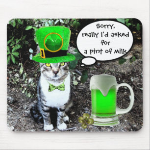TAPIS DE SOURIS ST PATRICK'S  DAY CAT  WITH GREEN IRISH BEER