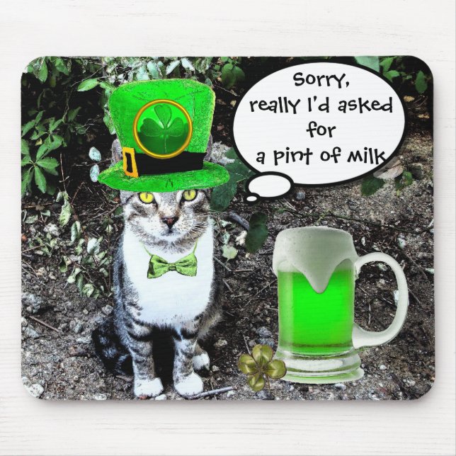 TAPIS DE SOURIS ST PATRICK'S  DAY CAT  WITH GREEN IRISH BEER (Devant)