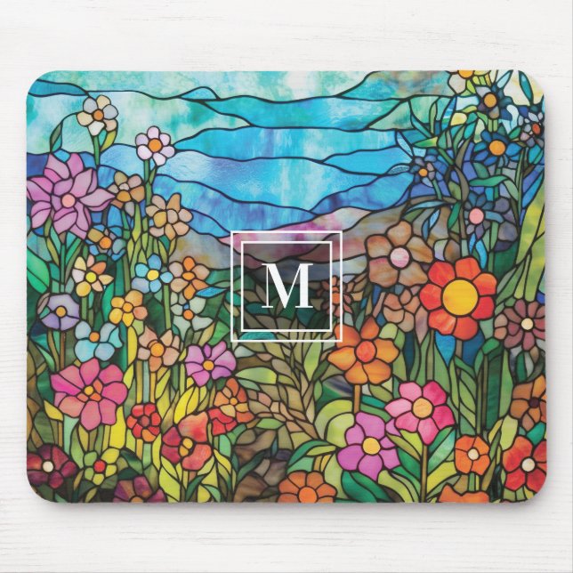 Tapis De Souris Stained Glass Flower Garden Monogram Mousepad (Devant)