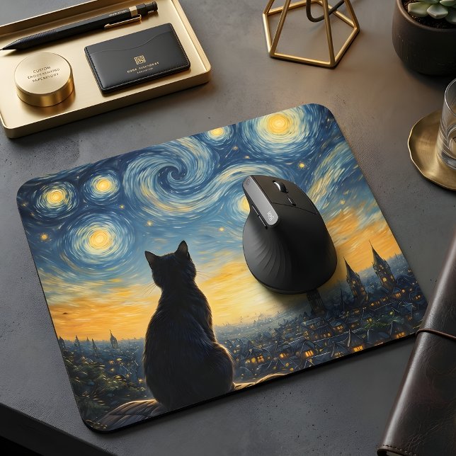 Tapis De Souris Starry Night Overlook Black Cat & Twinkling Town  (Créateur téléchargé)