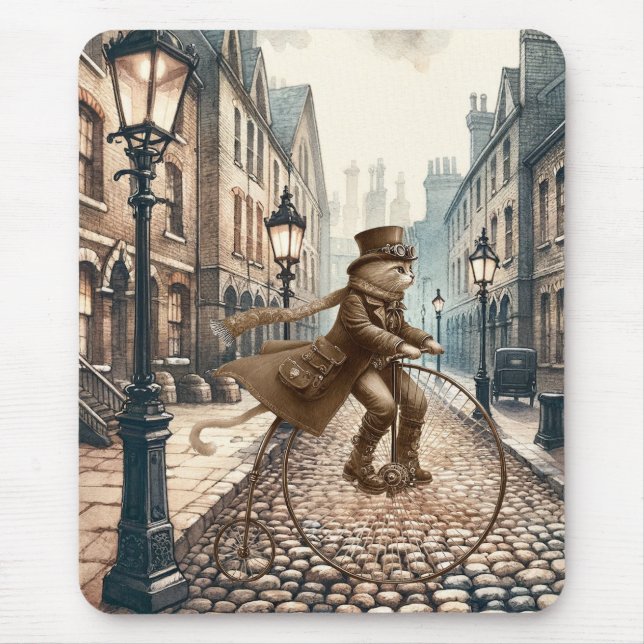 Tapis De Souris Steampunk Chat équitation d'un vélo de cent-farthi (Devant)