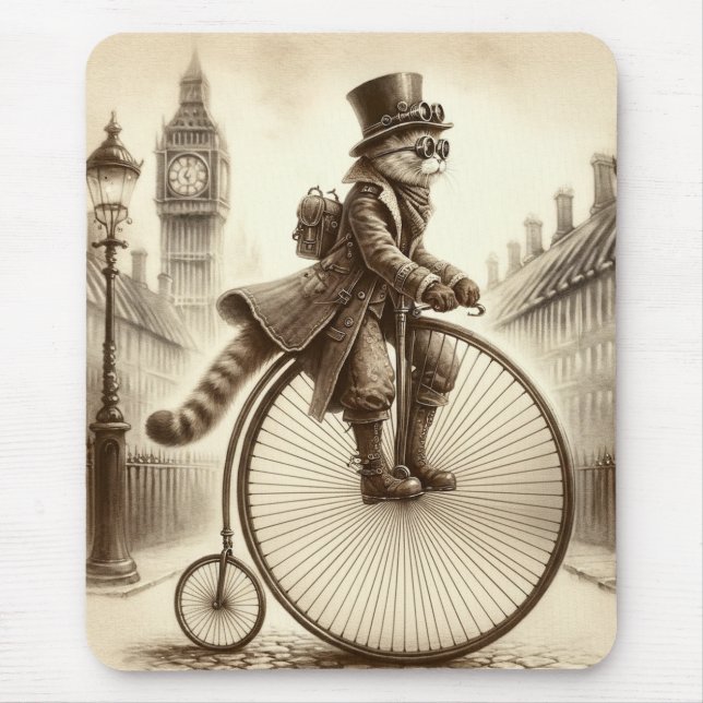 Tapis De Souris Steampunk Chat équitation d'un vélo de cent-farthi (Devant)