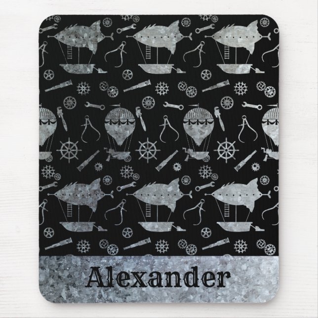 Tapis De Souris Steampunk Silver Zinc Airships Nom personnalisé (Devant)