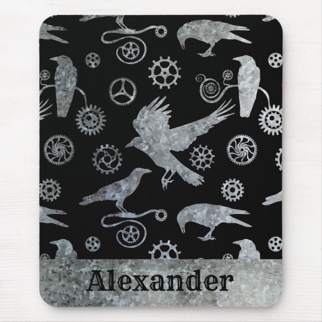 Tapis De Souris Steampunk Silver Zinc Gears and Crows Custom Nom (Devant)