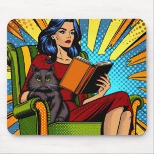 Tapis De Souris Style comique Pop Art femme Lecture et chat