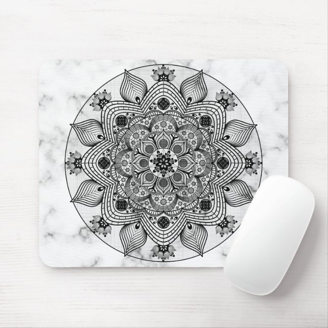 Tapis De Souris Style Floral noir et blanc Mandala (Avec souris)