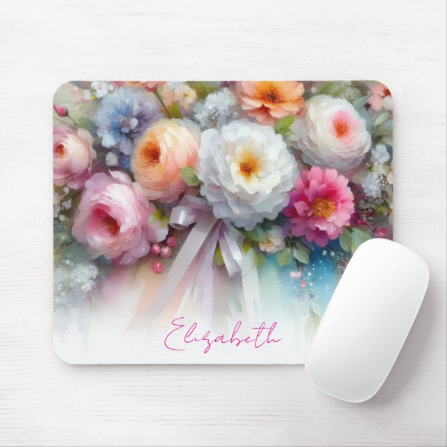 Tapis De Souris Stylish Watercolour Floral Your Custom Text Name (Avec souris)
