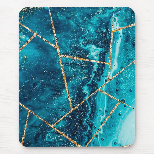 Tapis De Souris Stylo Marine Blue Gold Agate Géode Chic Monogramme (Devant)
