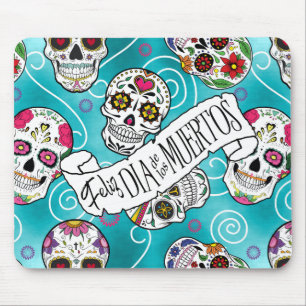 Tapis De Souris Sugar Skulls and Swirls Rose Turquoise ID725