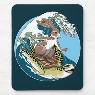 Tapis De Souris Surf d'été - Illustration de tortue et lapin