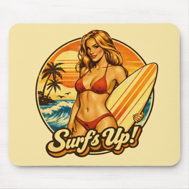 Tapis De Souris Surf's Up Bikini Pin-Up | Retro Surf Shop Graphic (Devant)
