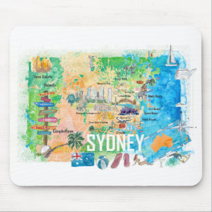 Tapis De Souris Sydney Australie Carte illustrée avec des monument