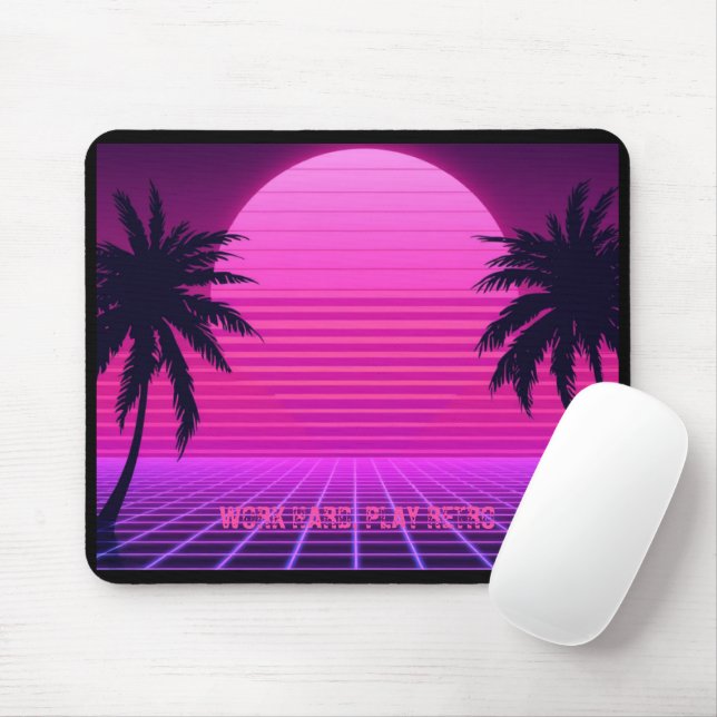 Tapis De Souris Synthwave Coucher de Soleil Rétro Esthétique 80s G (Avec souris)