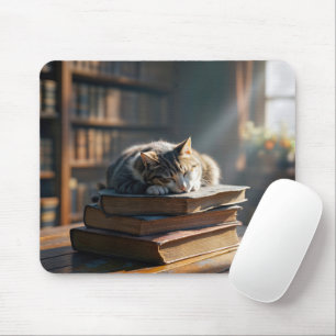 Tapis De Souris Tabby Cat Napping Sur Les Livres De Bibliothèque