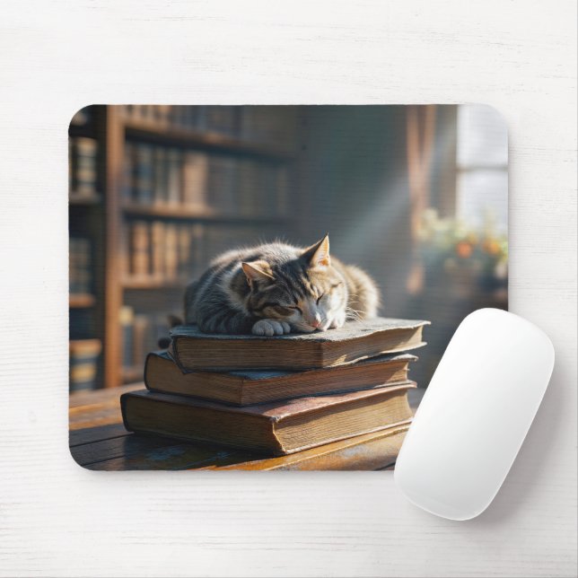 Tapis De Souris Tabby Cat Napping Sur Les Livres De Bibliothèque (Avec souris)