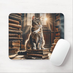 Tapis De Souris Tabby Cat Sur Les Anciens Livres De Bibliothèque