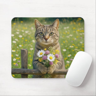 Tapis De Souris Tabby Chat Avec Bouquet Fleur sauvage