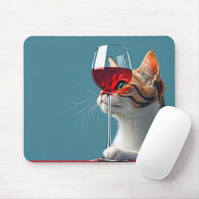 Tapis De Souris Tabby Chat avec verre de vin rouge (Avec souris)