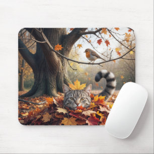 Tapis De Souris Tabby Chat dans un seau de feuilles d'automne