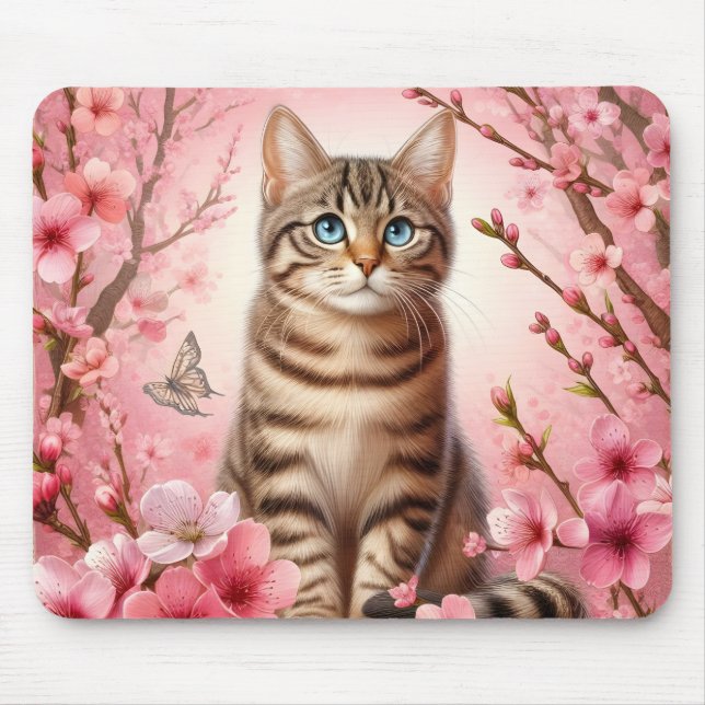 Tapis De Souris Tabby Chat Japonais Cerisier Fleur Kitten (Devant)