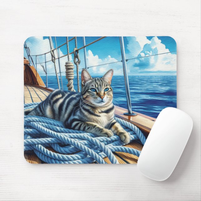 Tapis De Souris Tabby Chat Sur Un Bateau (Avec souris)