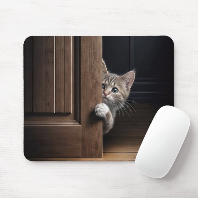 Tapis De Souris Tabby Kitten Jeter un oeil autour d'une porte en b (Avec souris)