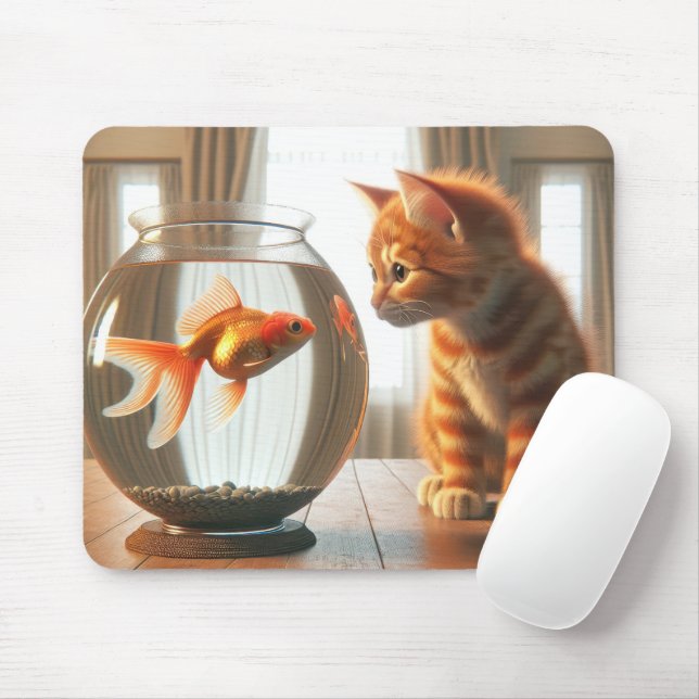 Tapis De Souris Tabby orange à la pointe d'un poisson d'or (Avec souris)