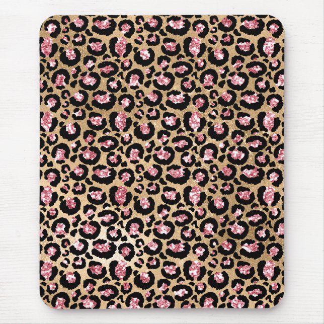 Tapis De Souris Taches de léopard pailletées de rose clair et doré (Devant)