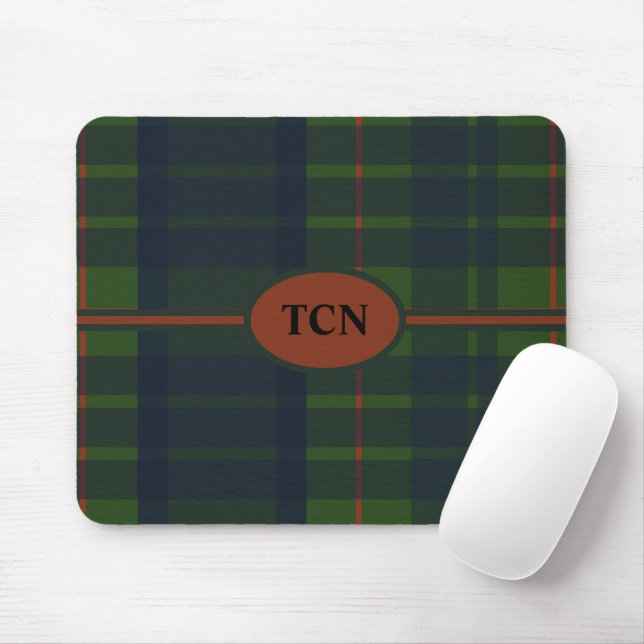 Tapis De Souris Tartan écossais vert et bleu rouge Monogramme (Avec souris)