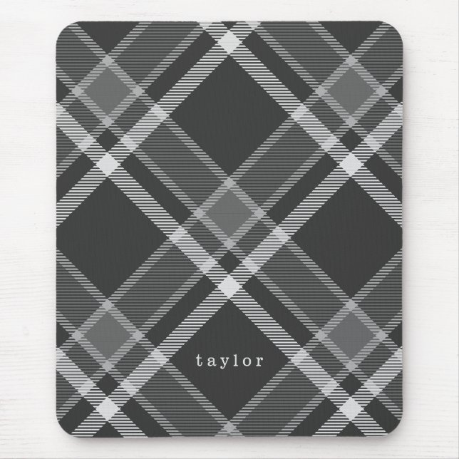 Tapis De Souris Tartan noir et gris rustique avec nom (Devant)