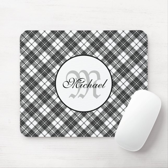 Tapis De Souris Tartan pattern Christmas black white Monogram (Avec souris)