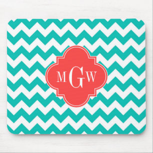 Tapis De Souris Teal White Chevron Coral Quatrefoil 3 monogram