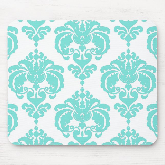 Tapis De Souris Teal & White Damask Chic Modern Elegant Pattern (Devant)
