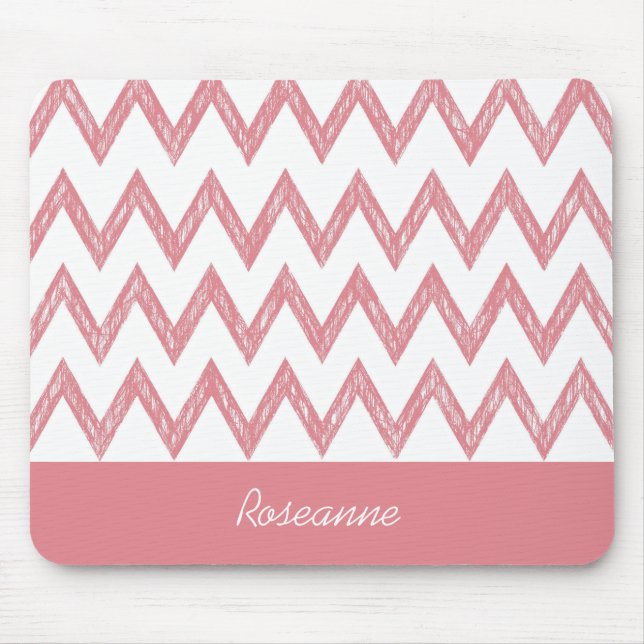 Tapis De Souris Tendance crayon rose Chevron Zigzags avec nom (Devant)
