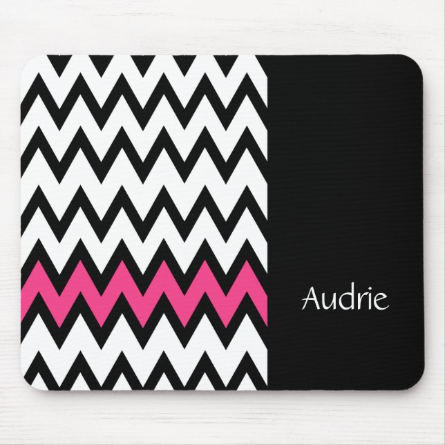 Tapis De Souris Tendance noir et blanc Chevron rose avec nom (Devant)
