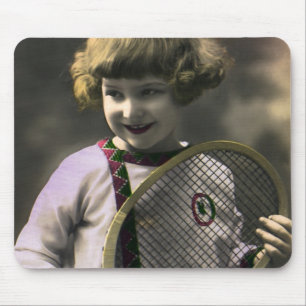 Tapis De Souris Tennis de sport vintage, fille heureuse avec raque