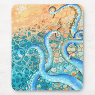 Tapis De Souris Tentacles bleus Octopus Kraken Encre Turquoise Abs