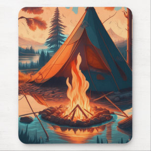 Tapis De Souris Tente et feu de camp couleurs vintage Art