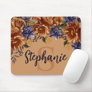 Tapis De Souris Terracotta Navy Blue Watercolor Floral Monogram