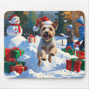 Tapis De Souris Terrier à poil dur Fox courir dans la neige avec u