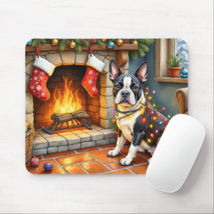 Tapis De Souris Térrier de Boston cheminée avec lumières de Noël