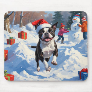 Tapis De Souris Terrier de Boston Scène de neige festive de Noël