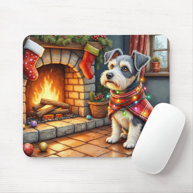 Tapis De Souris Terrier Tchèque Cheminée avec Lumières de Noël (Avec souris)