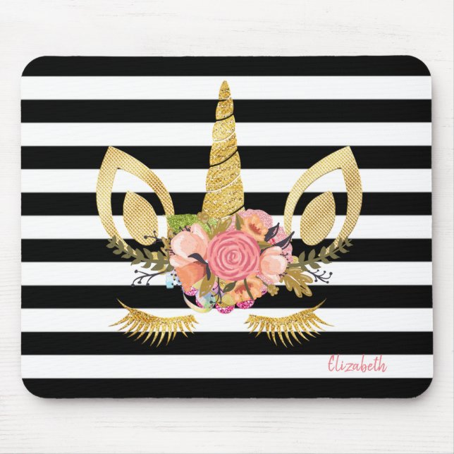 Tapis De Souris Tête de licorne dorée, rayures noires et blanches (Devant)