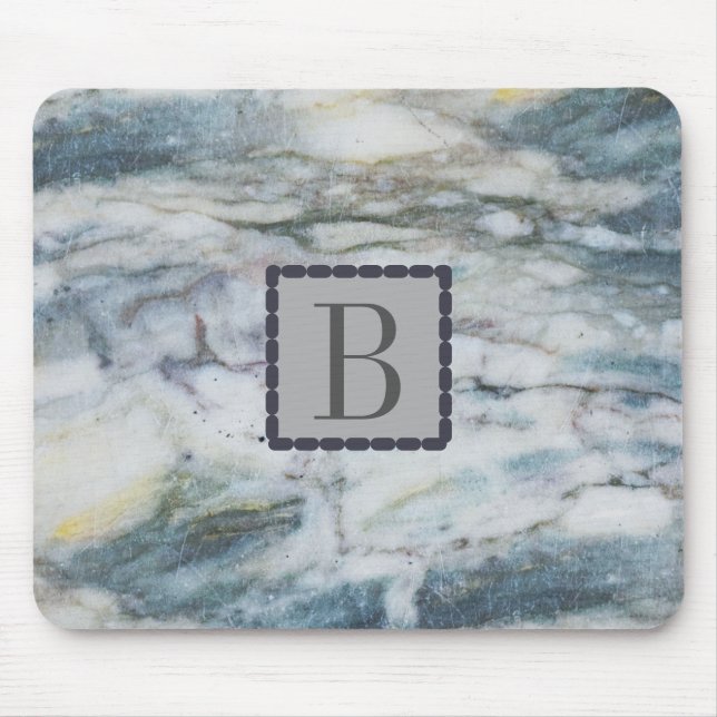 Tapis De Souris Texture moderne en gris et en marbre bleu monogram (Devant)
