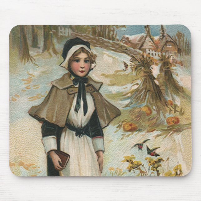 Tapis De Souris Thanksgiving Day Greetings with a Pilgrim Woman (Devant)