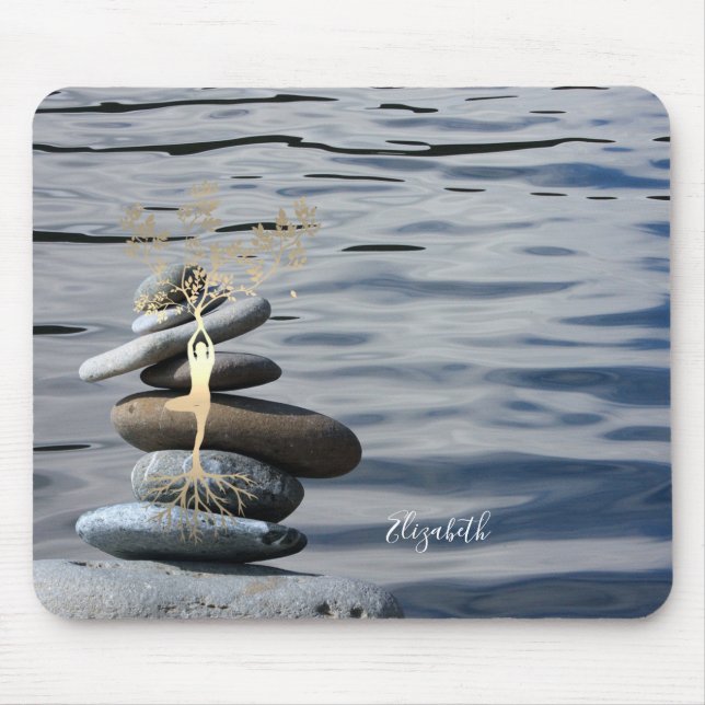 Tapis De Souris Thérapeute Zen Stones, Silhouette Arbre Or, Mer (Devant)